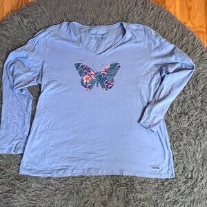 Life Is Good Light Blue Butterfly Print Long Sleeve Top Size XXL